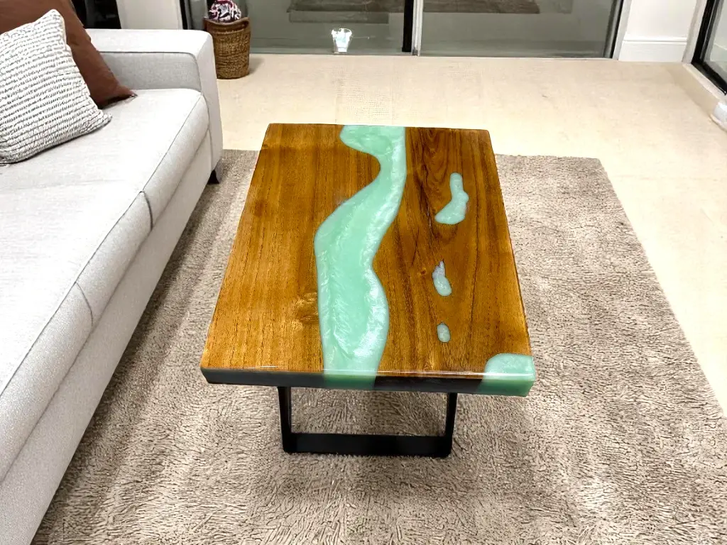 Green Epoxy Rectangular Table Wood with a Polished, Glossy Finish